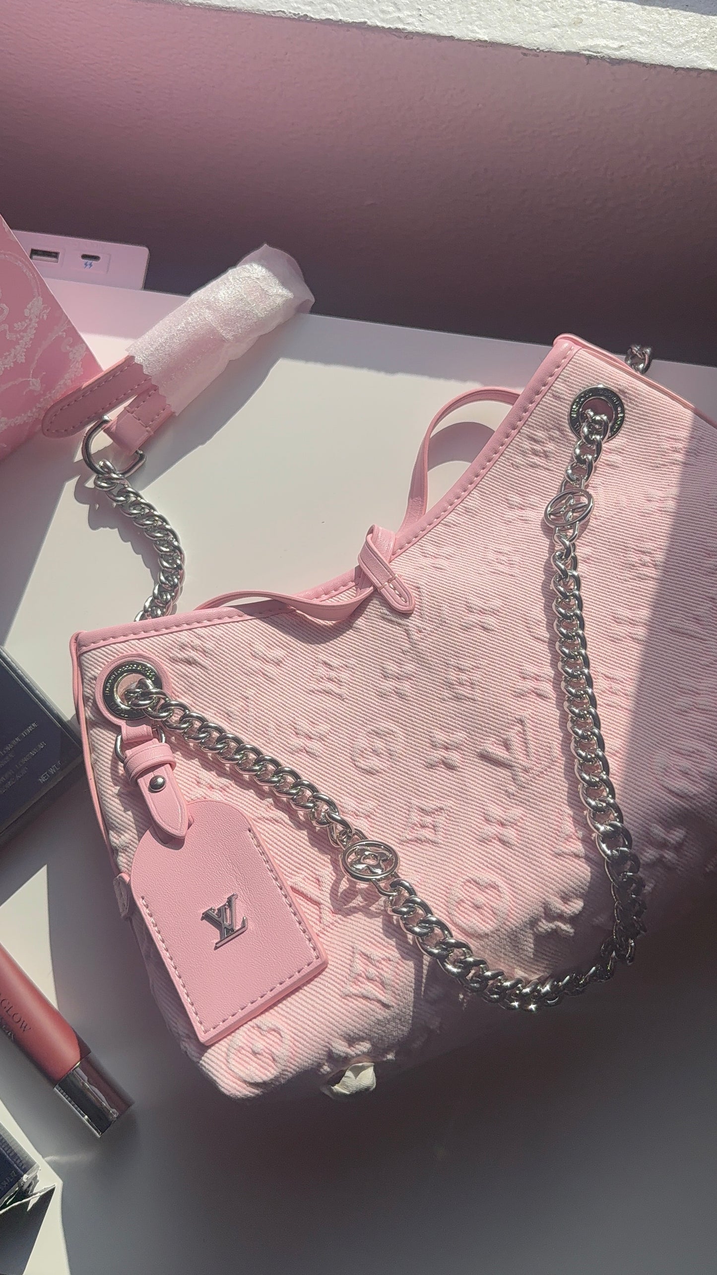 Pink monogram purse with silver straps