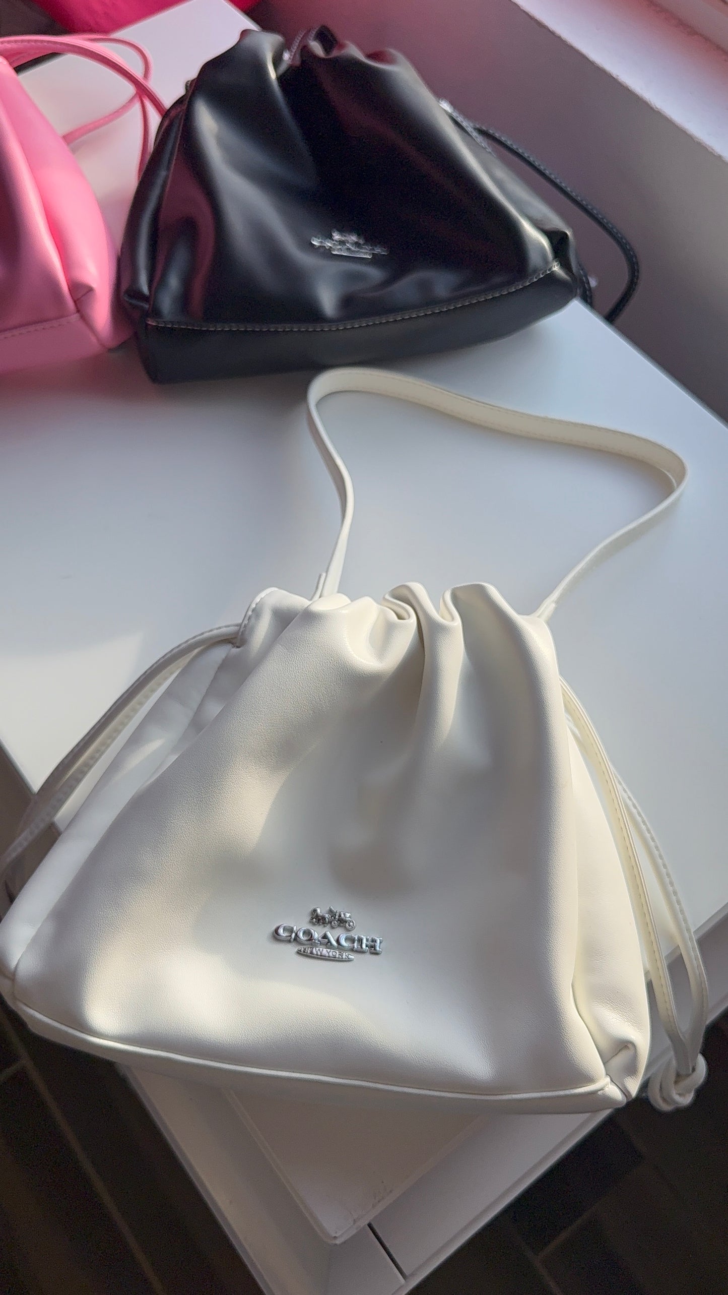 White drawstring purse