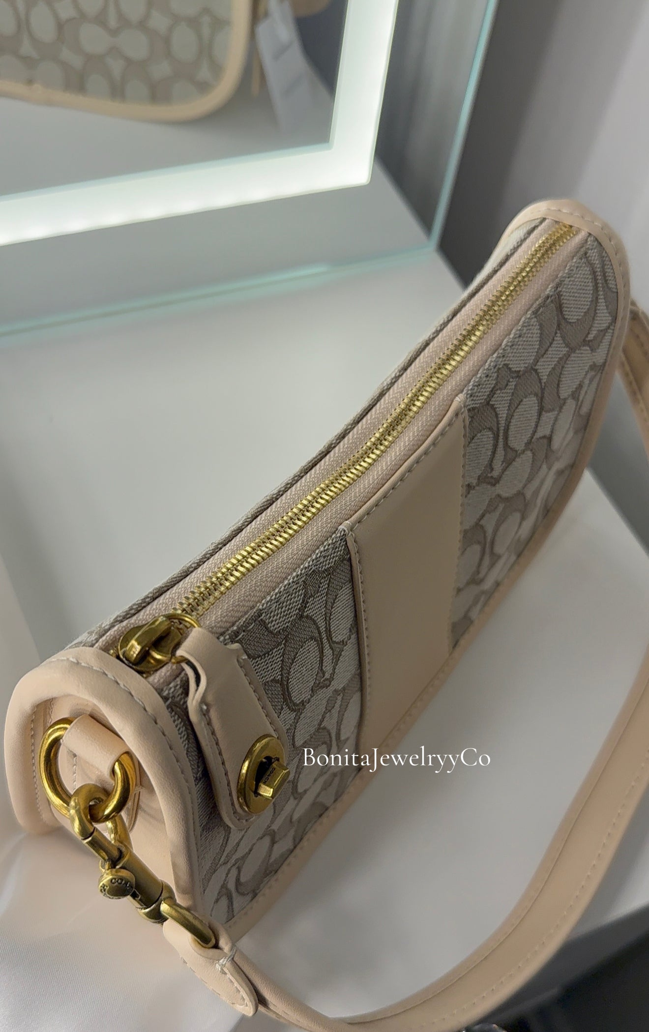 Beige Signature Canvas Shoulder Bag