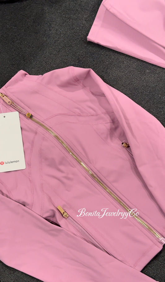 Purple pinkish cropped Lulu define jacket with gold zipper