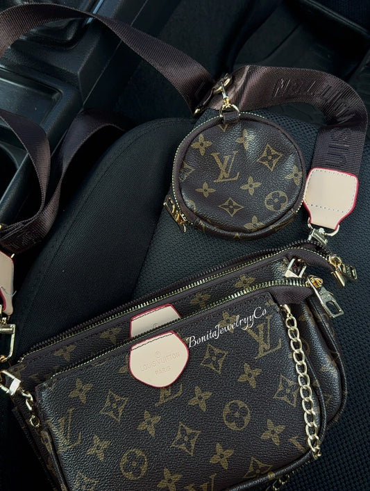 3pc brown monogram cross body purse set