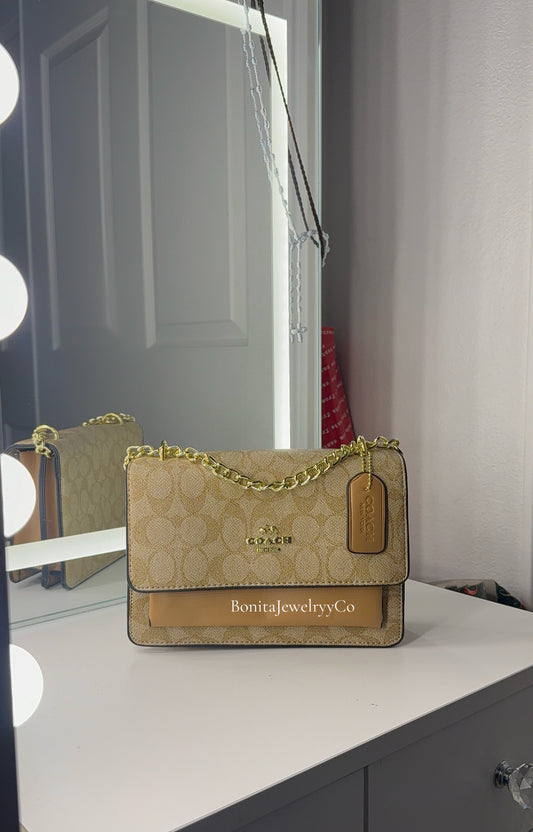 Light brown purse with gold strap