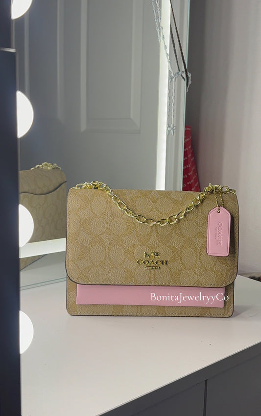 Brown with pink purse with gold strap