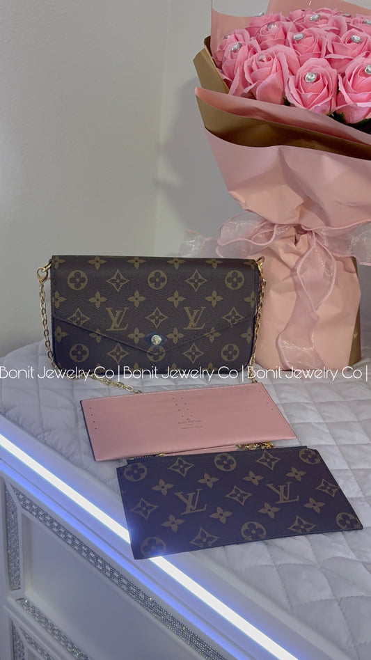 3pc cross body bag / brown with pink
