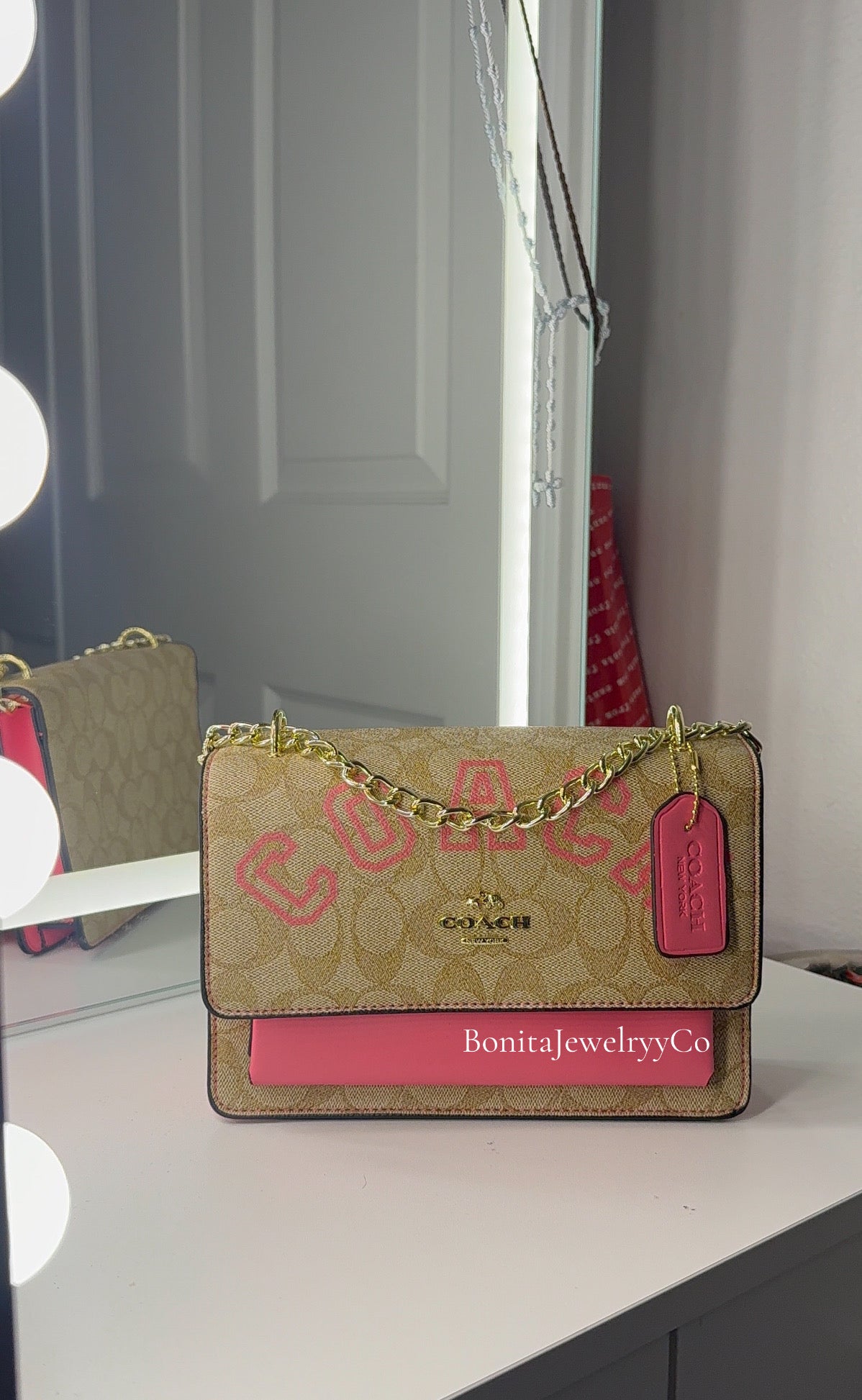 Brown hot pink  purse with gold strap