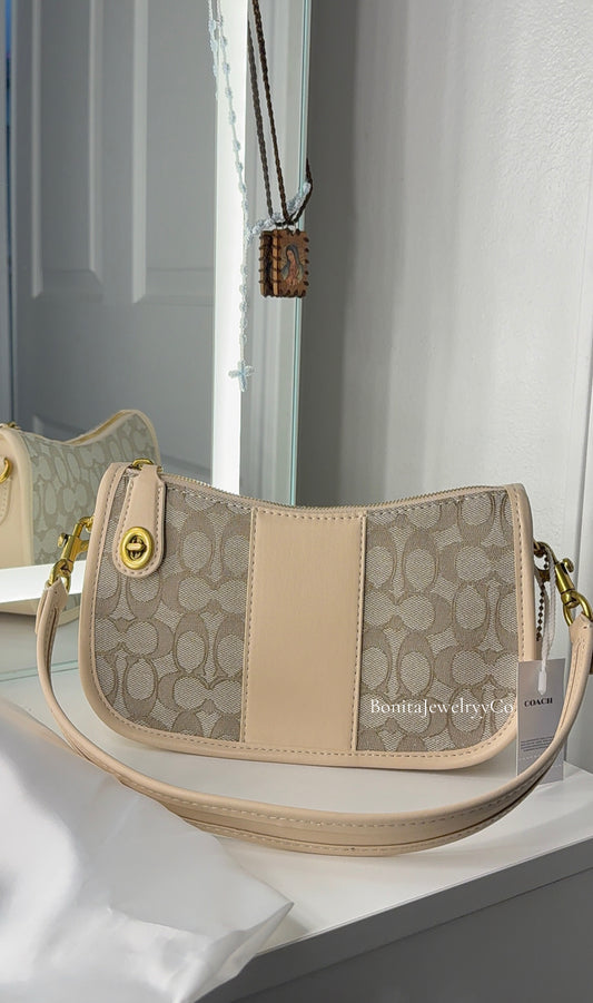 Beige Signature Canvas Shoulder Bag
